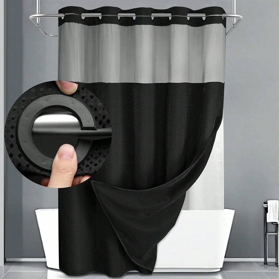 1PC Waffle Double Woven Shower Curtain, No Hook, Clear Top Window Hookless Shower Curtain With Snap Lined Waffle Shower Curtain Hotel Style Double Layer Machine Washable And Easy To Clean Bathroom Partition 72" X 75".