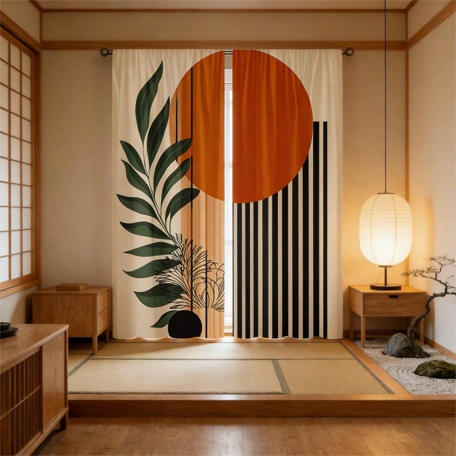 2pcs Bohemian Style Sun And Green Leaf Pattern Curtains, Featuring Medieval Modern Geometric Design With Orange Sun, Green Leaves And Black Stripes. 2D Flat Printing, Minimalist Artistic Style, Suitable For Living Room And Home Office
