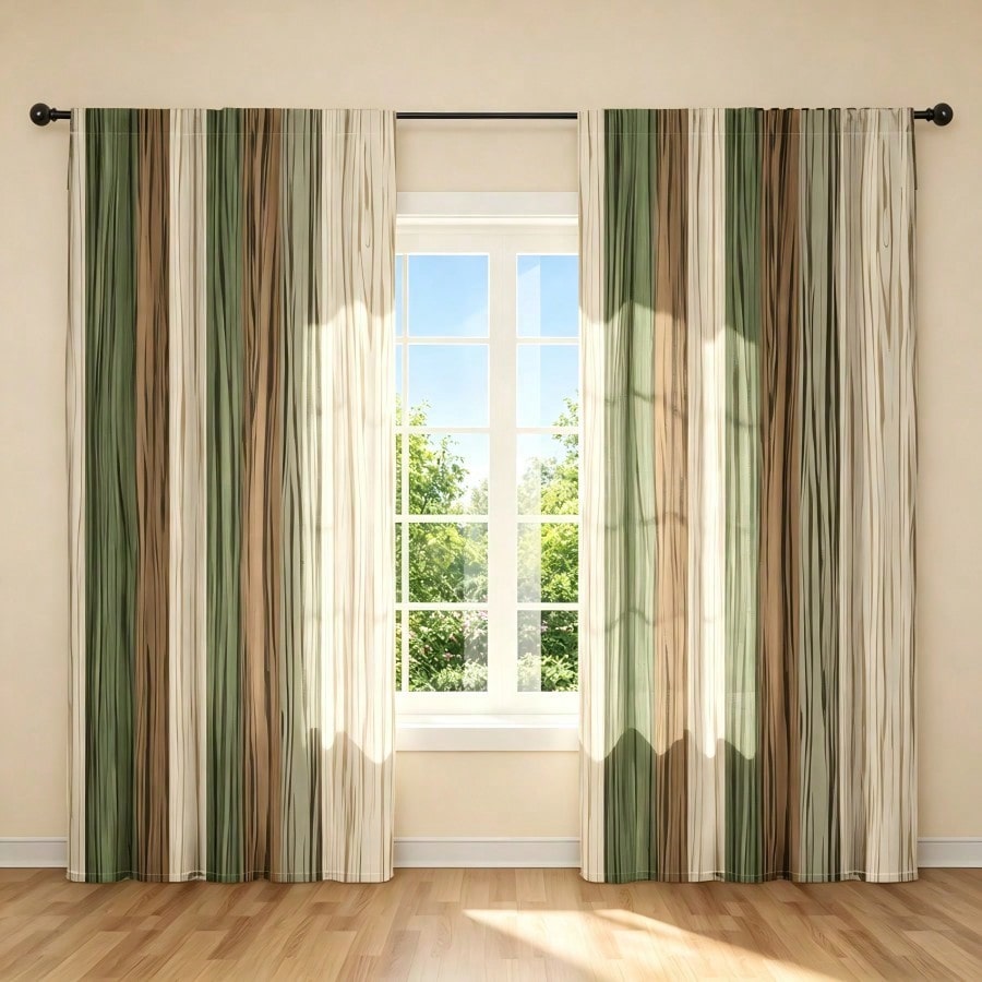 2pcs Green, Beige And Brown Gradient Striped Wood Grain Pattern Printed Curtains, 2D Flat Print, Semi-Sheer, Bohemian Farmhouse Style, Polyester Fabric, Suitable For Living Room And Bedroom