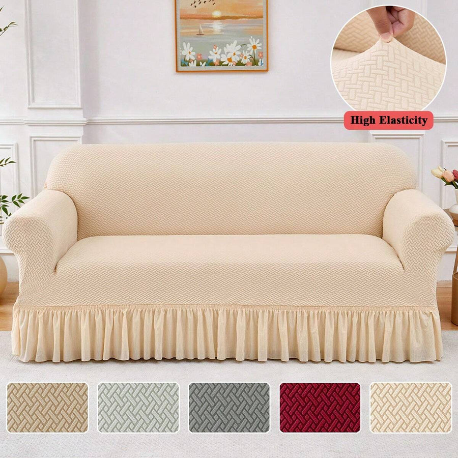 XM-Mirelitho 1pc Pet Friendly Herringbone Stretch Sofa Slipcover With Ruffle Skirt Highly Elastic Anti-Scratch Anti-Slip Full Wrap Couch Cover Machine Washable Universal Furniture Protector For 1/2/3/4 Seater Old Sofa Living Room Makeover